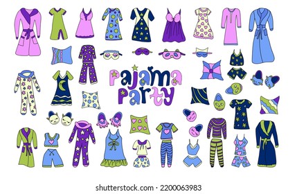 Set of cute drawings of pajamas, slippers, dressing gowns and nightgowns. Lettering is a pajama party surrounded by design elements. Vector illustration for postcards hand-drawn in doodle style.