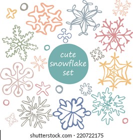 Set of cute drawn by hand snowflakes, for merry christmas and happy new year celebration and holidays card and background, vector eps 10