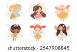 Set of cute drawn fairies for girls and babies. Fairy princess with wings and flowers. Vector isolated character