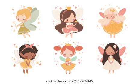 Set of cute drawn fairies for girls and babies. Fairy princess with wings and flowers. Vector isolated character