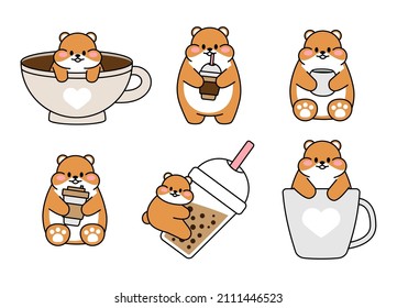 Eine Reihe süßer Hamster. Kawaii Hamster in einem großen Krug Kaffee Tee. Kollektion von Avatar Maskottchen lustige Charakter Tieraufkleber einzeln auf weißem Hintergrund. Vektorgrafik.