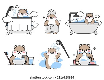 Conjunto de lindos hámsters dibujados. El hámster Kawaii se lava y cepilla los dientes, se lava en el baño debajo de la ducha. Colección de mascotas de avatares caracter divertido pegatinas animales. Ilustración de material vectorial