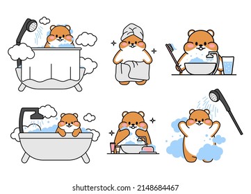 Eine Reihe süßer Hamster. Kawaii Hamster wäscht und putzt seine Zähne, wäscht im Bad unter der Dusche. Kollektion von Avatar Maskottchen lustige Charakter Tieraufkleber. Vektorgrafik