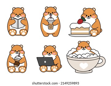 Set of cute drawn hamsters. Kawaii hamster in a big mug of coffee tea. Collection of avatars mascots funny character animal stickers isolated on white background. Vector stock illustration.