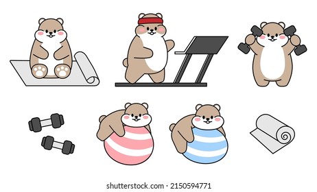 Set of cute drawn hamsters. Kawaii hamster goes in for sports. Collection of avatars mascots funny character animal stickers isolated on white background. Vector stock illustration.