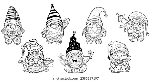 Set of cute drawn New Year gnomes on white background