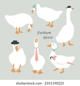 Set of cute dressed geese. Goose in a hat, tie, scarf, and with umbrella. Funny vector illustration