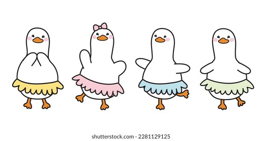 Set of cute duck in ballet concept various poses.Farm animal cartoon character design.Image for card,poster,sticker.Isolated.Kawaii.Vector.Illustration.