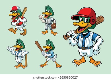Set of Cute Duck Baseball Sport Mascot in Cartoon Illustration