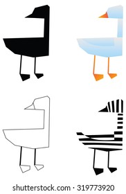 Set with cute duck bird. Collection with pet's silhouette, line art illustration and stripped slylized animal. Vector design element for labels, tags about farm birds