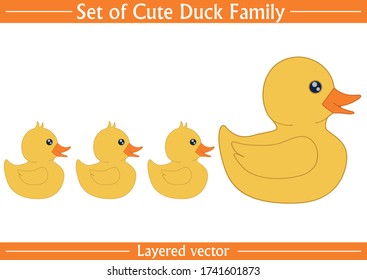 Set of cute duck family vector. Mother and baby ducks on isolated white background. Hand-drawn design, layered Eps 10 file format.