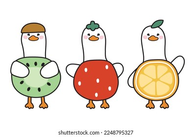 Set of cute duck in fruit costume cartoon.Farm animal in various poses collection.Kiwi,strawberry,orange hand drawn.Kawaii.Vector.Illustration.