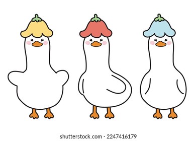 Set of cute duck have flower on head in various poses on white background.Animal character cartoon design.Spring concept.Kawaii.Vector.Illustration.