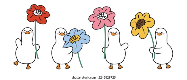 Set of cute duck hold big flower on white background.Farm animal character in various poses  cartoon design collection.Spring.Kawaii.Vector.Illustration.