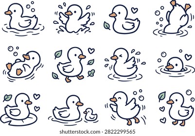 Set of cute duck icons, hand drawn doodle style vector illustration
