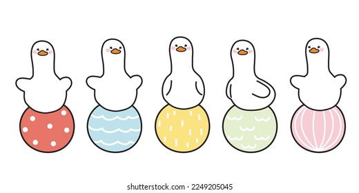 Set of cute duck on ball on white background.Farm animal character cartoon design.Hand drawn.Isolated.Kawaii.Vector.Illustration.