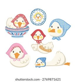 Set of Cute Duck Silly Goose Characters Wearing Colorful Babushka Headscarves in Various Poses