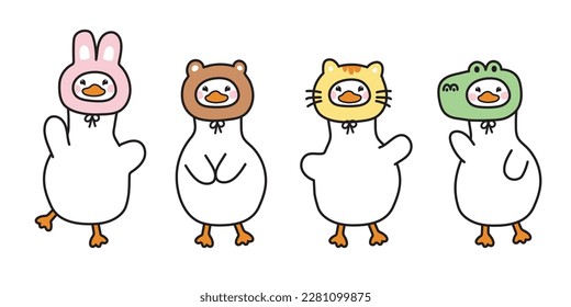 Set of cute duck wear animal head costume on white background.Farm animal character cartoon design.Rabbit,bear,cat,crocodile hand drawn.Kawaiii.Vector.Illustration.