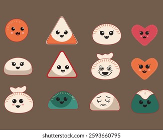 Set of cute dumplings cartoon character with different facial expressions.Traditional Chinese Dumplings with different faces.