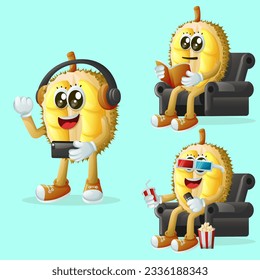 Set of cute durian characters enjoying leisure activities. Perfect for kids, merchandise and sticker, banner promotion or blog
