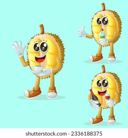 Set of cute durian characters enjoying beverages. Perfect for kids, merchandise and sticker, banner promotion or blog
