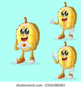 Set of cute durian characters making playful hand signs. Perfect for kids, merchandise and sticker, banner promotion or blog
