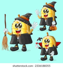 Set of cute durian characters on Halloween. Perfect for kids, merchandise and sticker, banner promotion or blog
