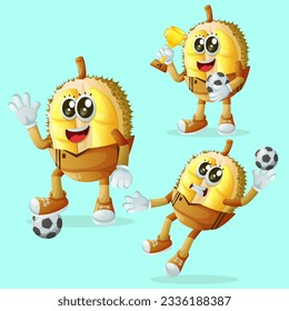 Set of cute durian characters playing soccer. Perfect for kids, merchandise and sticker, banner promotion or blog
