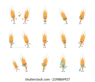 Set of cute ear of wheat character with happy or sad emotions, panic, love or brave face, hands and legs. Healthy cereal with expression and posture with mask glasses or hat. Vector flat illustration