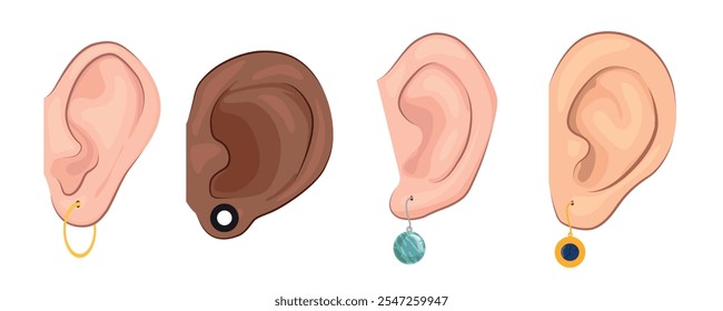 Set of cute ears in cartoon style. Vector illustration of ears of different shapes and sizes, light-skinned and dark-skinned with round earrings, pierced lobes, tunnel isolated on white background.