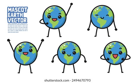 Set of cute earth cartoon character in different poses, trendy illustration. Isolated on white background. Vector illustration