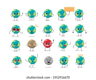 set cute earth characters with different emotions cartoon mascot globe personages collection save planet concept isolated