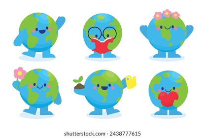 Set of cute earth hand drawn vector. Nature planet world cartoon character with different poses, read book, hold flower, heart, plant tree. Earth mascot illustration for clipart, event, sticker.