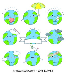 Set of cute Earth icons in kawaii style with smiling face and pink cheeks. Planets with flower, heart, umbrella. EPS8