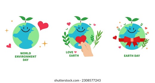 Set of cute earth with leaves flat illustration for world environment day and earth day