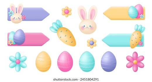 Set of cute Easter 3D elements for design, isolated on a white background.Eggs and flowers, bunny and carrots, arrows for an Easter egg hunt.Candy colors. Vector stock illustration.