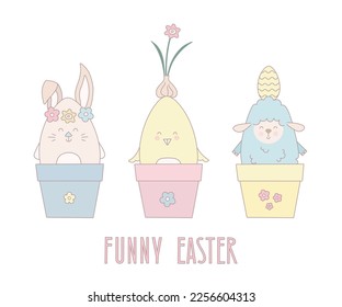 Set of cute Easter animals in flowers pot. Funny, amusing vector illustration.