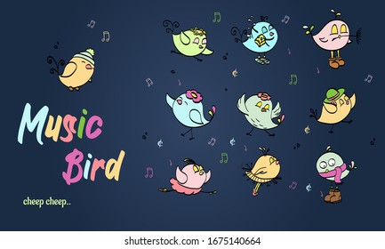 Set of Cute Easter birds in love. Spring illustrations singing and dancing chickens