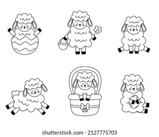Set of cute Easter black and white lambs in cartoon style on white background.