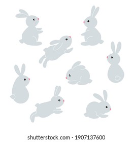 set of cute easter bunnies in cartoon style. silhouette on a white background. vector illustration isolated
