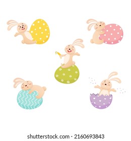 Set of cute easter bunnies with colorful eggs
