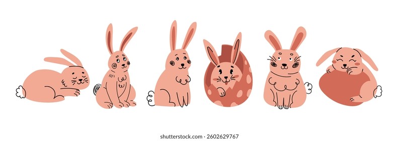 Set of cute Easter bunnies in doodle style. Hand-drawn collection character. Easter rabbit Suitable for postcards and greetings. Vector illustration.