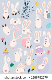Set of cute Easter bunnies, Easter eggs. Vector illustrator. Eps 10. 