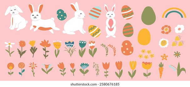 Set of cute easter bunnies and eggs with colorful spring flowers and decor elements. Geometric hand drawn happy easter icons.