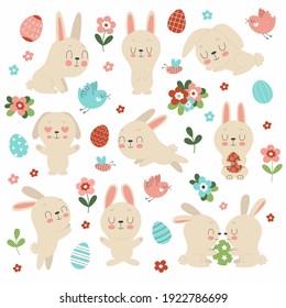 Set of cute Easter bunnies, flowers and decorated eggs on a white background. Traditional symbol of Easter. Funny animals in different poses.