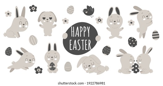 Set of cute Easter bunnies, flowers and decorated eggs on a white background. Traditional symbol of Easter. Funny animals in different poses.