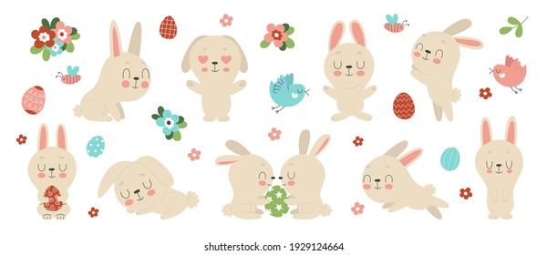 Set of cute Easter bunnies, flowers and decorated eggs on a white background. Traditional symbol of Easter. Funny animals in different poses.