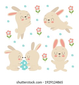 Set of cute Easter bunnies, flowers and decorated eggs on a white background. Traditional symbol of Easter. Funny animals in different poses.