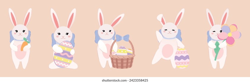 Set of cute Easter bunnies on beige background