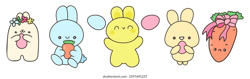 Set of cute Easter bunnies in pastel colors with eggs and carrot. Adorable kawaii characters with flower crowns, smiling faces, and soft colors. Perfect for spring, Easter celebration.
